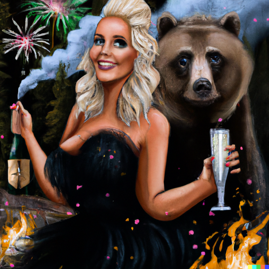 A-portrait-of-a-blonde-woman-with-a-black-bear-in-the-forest-on-New-years-Eve-with-fireworks-and-they-are-drinking-champagne